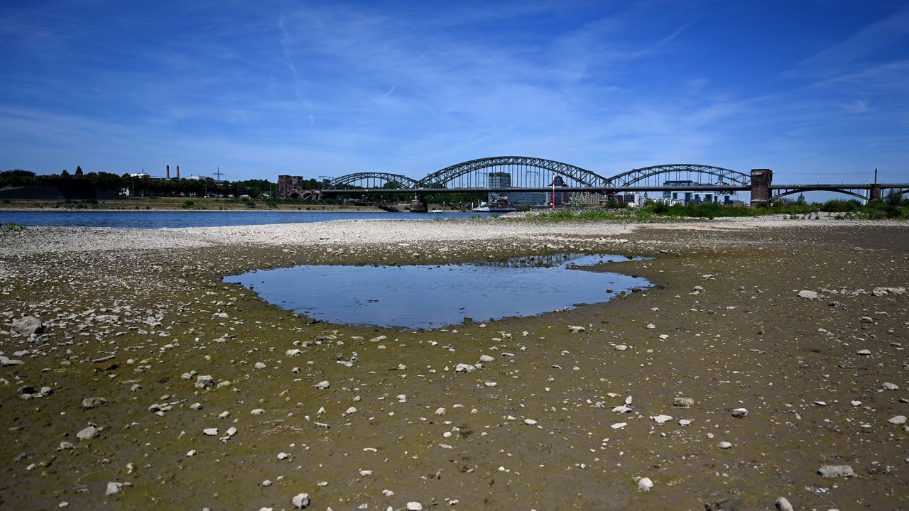 The nearly dried-up river bed of the Rhine in Cologne, western Germany, on Monday as Europe is gripped by a heatwave.
