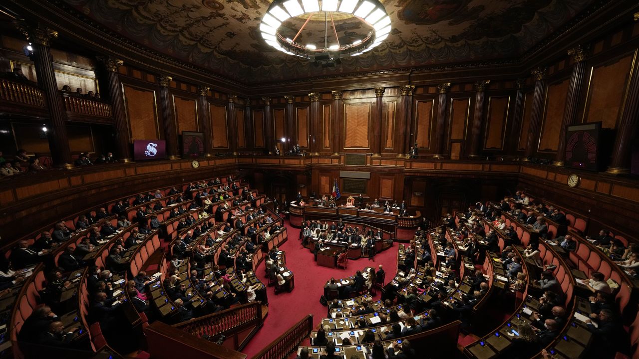 Senators listen to Mario Draghi's speech at the Senate in Rome on July 20.