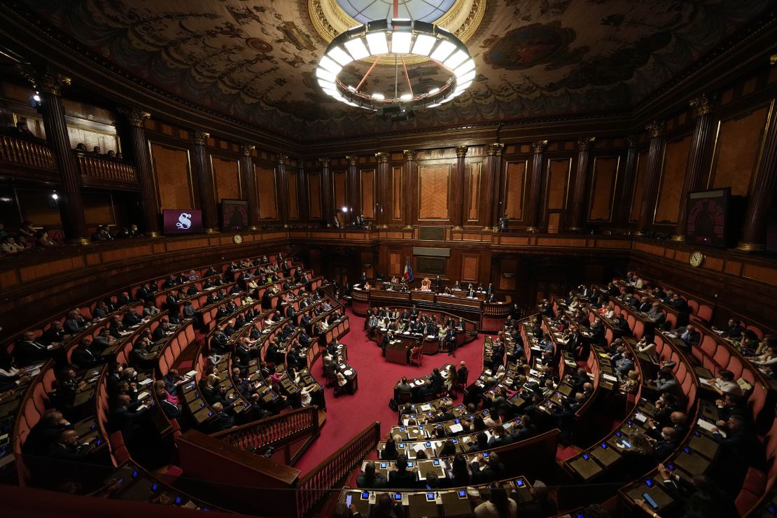 Senators listen to Mario Draghi's speech at the Senate in Rome on July 20.