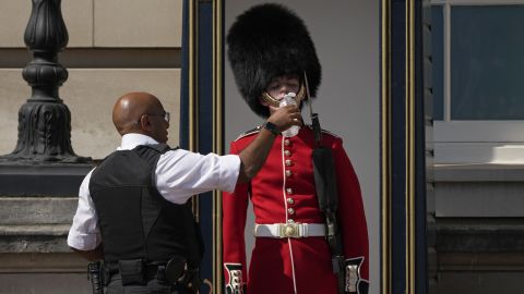A police officer gives water to a British soldier wearing a traditional bearskin hat, on guard duty outside Buckingham Palace.