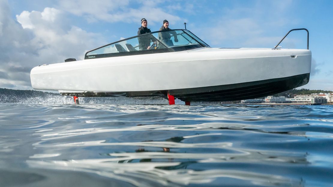 The boats rise up on hydrofoils to glide over water.