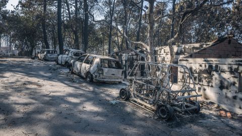 Burnt cars and trees are seen at a campsite in southwest France on July 19.