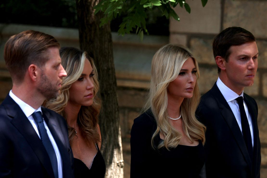 From left, Eric Trump, Lara Trump, Ivanka Trump and Jared Kushner arrive for Ivana Trump's funeral on Wednesday.