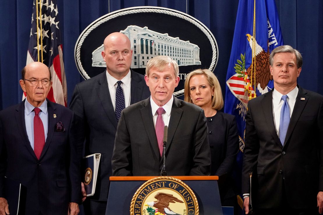 US Attorney for the Eastern District of New York Richard P. Donoghue announcing indictments against China's Huawei Technologies Co Ltd, several of its subsidiaries and its chief financial officer Meng Wanzhou on January 28, 2019. 