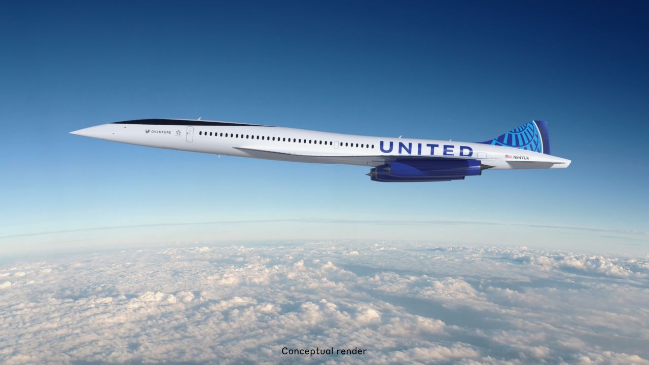 A rendering of an Overture  supersonic airliner in the United Airlines livery. 