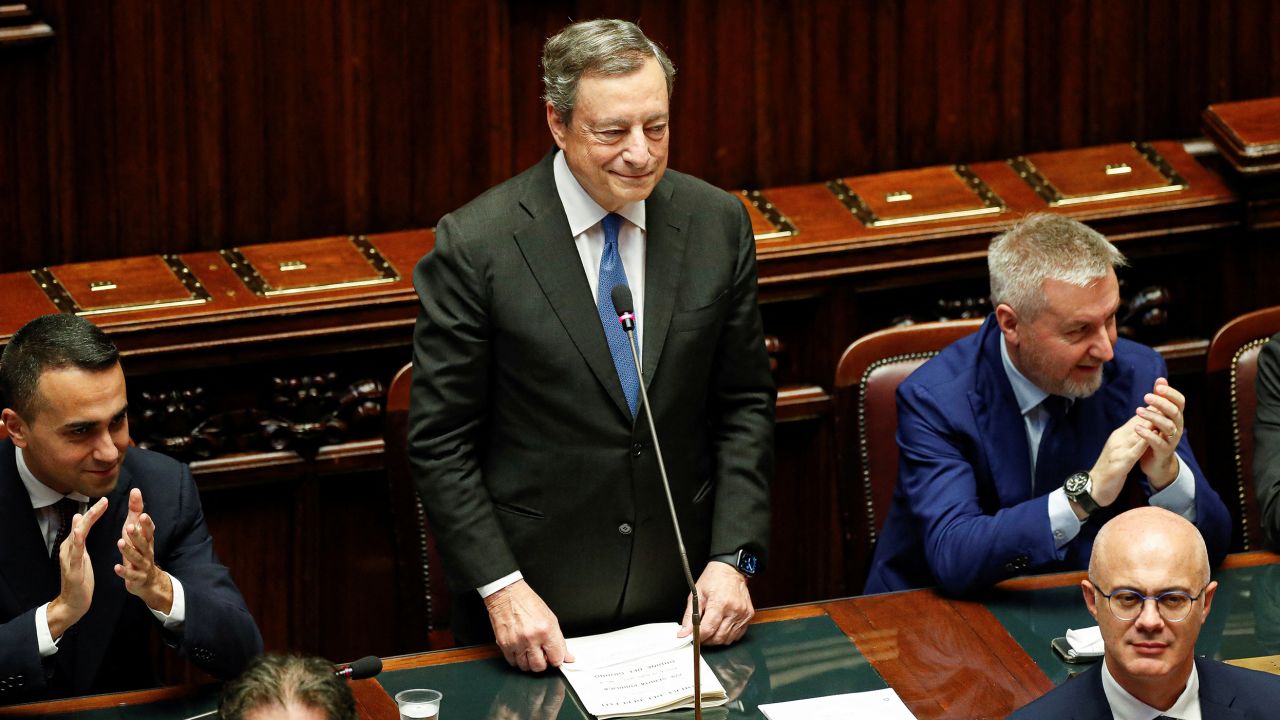 Italy's Prime Minister Mario Draghi addresses to the lower house of parliament ahead of a vote of confidence in Rome on Wednesday.
