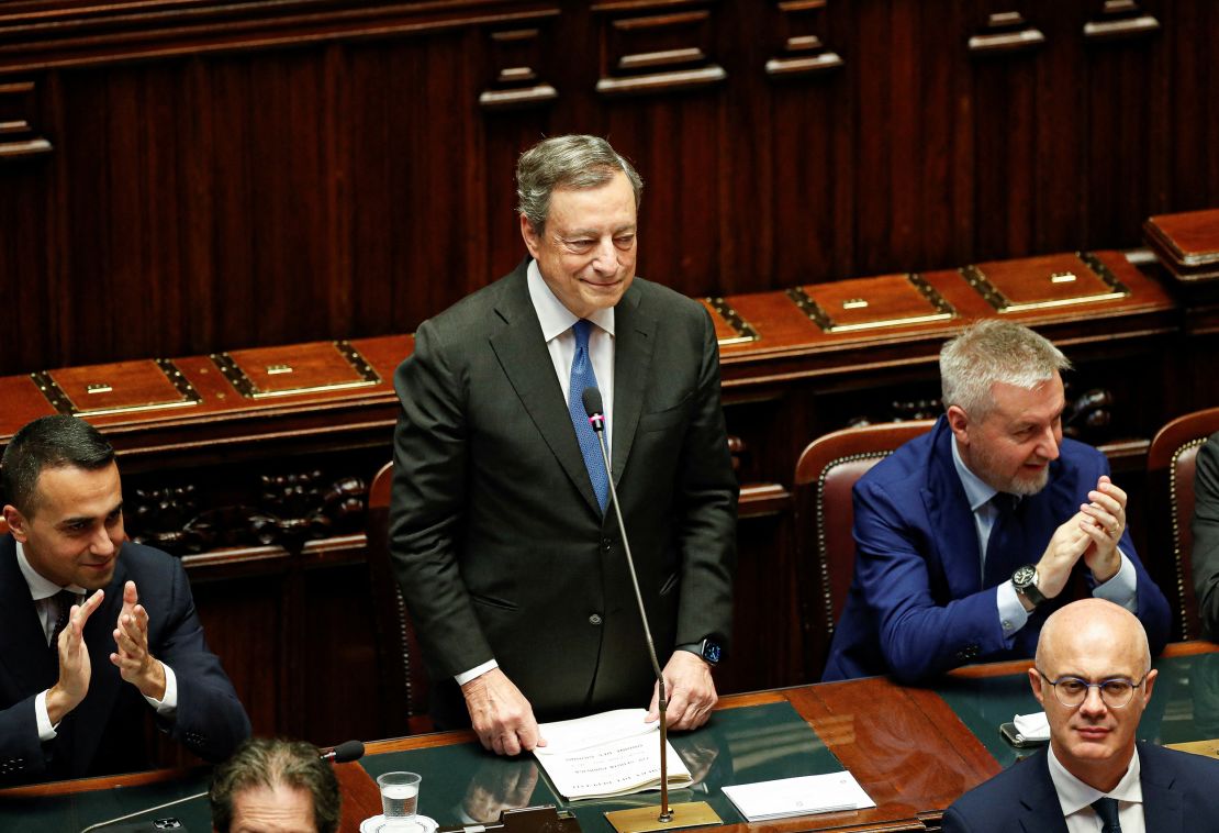Italy's Prime Minister Mario Draghi addresses to the lower house of parliament ahead of a vote of confidence in Rome on Wednesday.