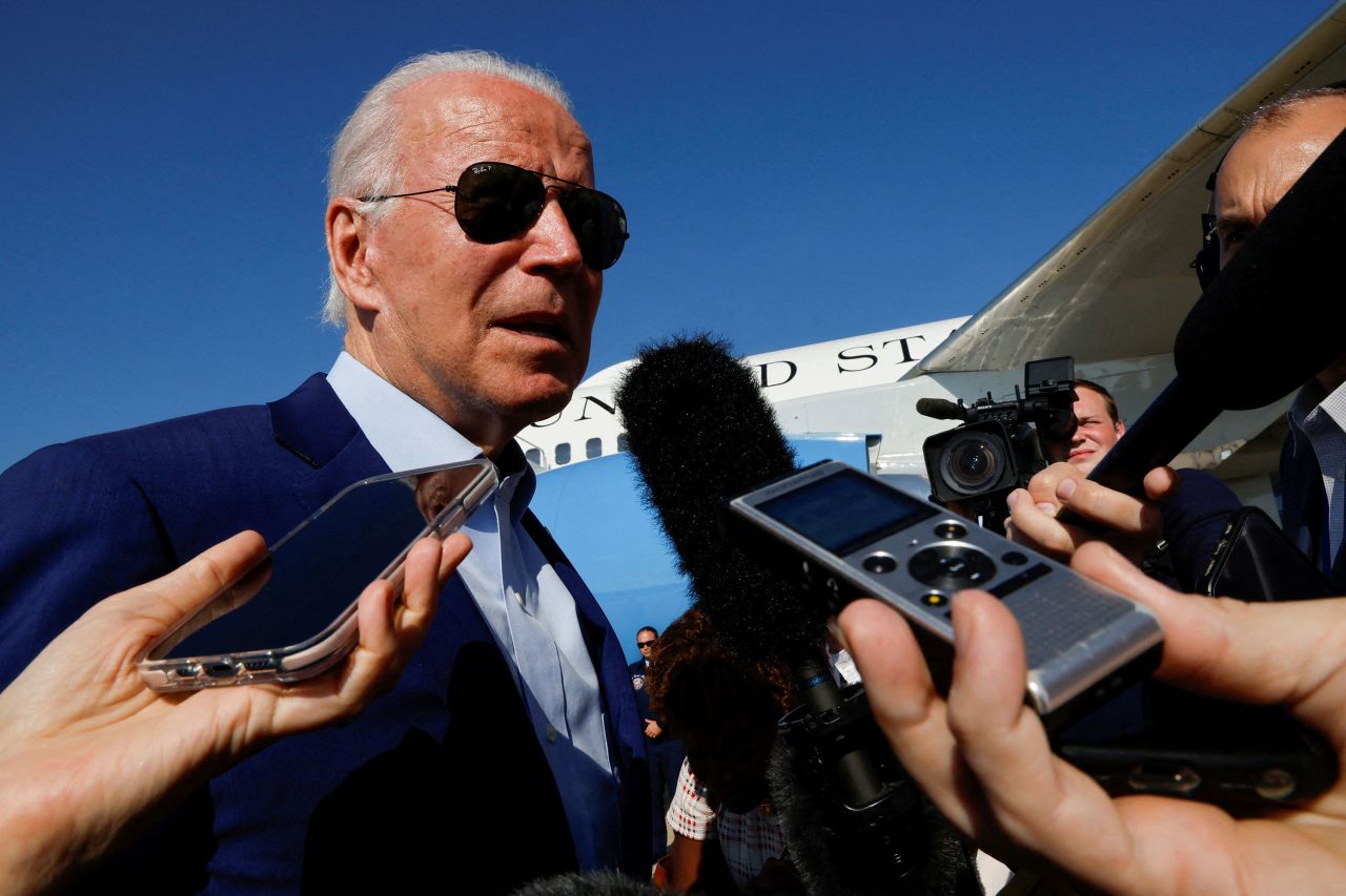 Biden speaks to the press as he arrives at Joint Base Andrews in Maryland in July 2022. The following morning, White House press secretary Karine Jean-Pierre said <a href="https://www.cnn.com/2022/07/21/politics/joe-biden-covid-19/index.html" target="_blank">the President had tested positive for Covid-19.</a>