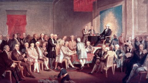 This painting chronicles lawmakers' signing of the Constitution of the United States in 1787. 