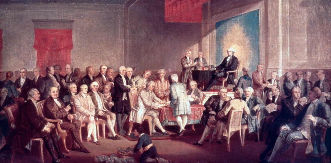 This painting chronicles lawmakers' signing of the Constitution of the United States in 1787. 