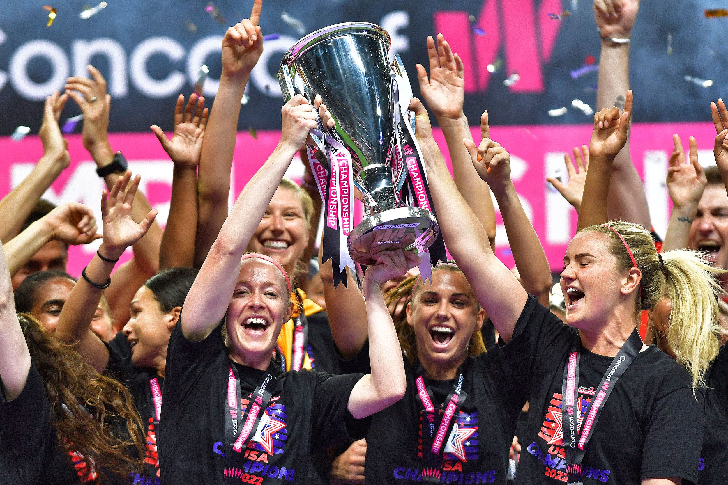 The US national soccer team celebrates after winning the Concacaf Women's Championship in Monterrey, Mexico, on Monday, July 18.