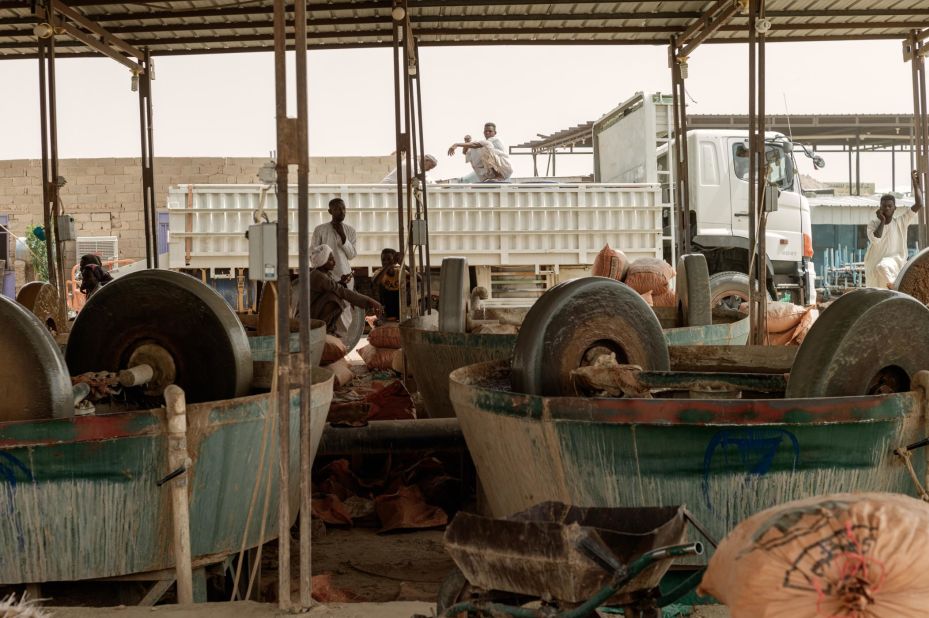 Milling machines grind gold ore in the al-Ibaidiya milling plant.