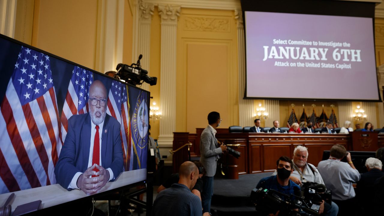 Rep. Bennie Thompson, chairman of the House select committee investigating January 6, delivers opening remarks via video in the Cannon House Office Building on July 21, 2022, in Washington, DC. 