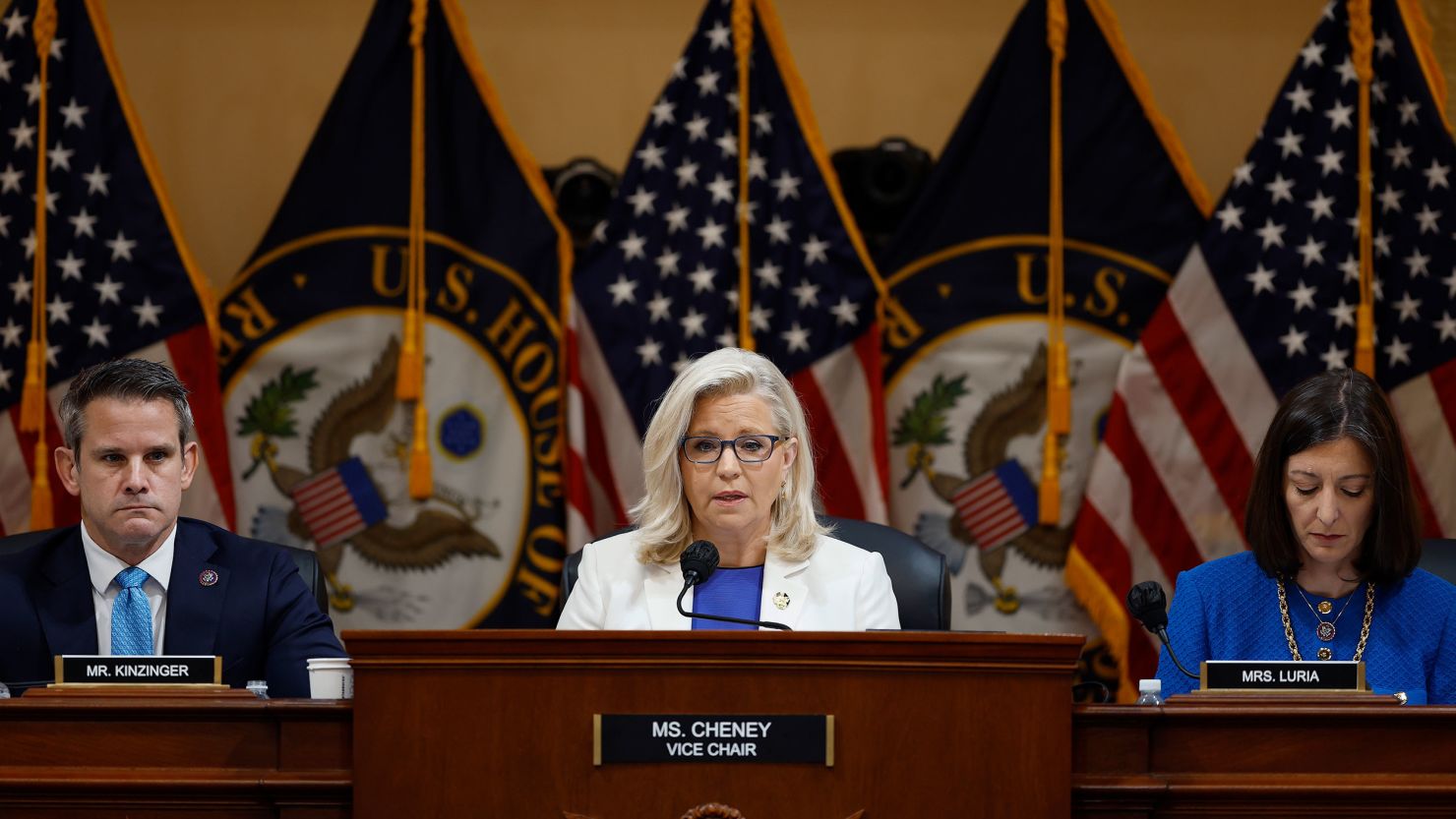 Rep. Liz Cheney presides over a hearing of the House Select Committee to Investigate the January 6 attack on the US Capitol with Rep. Adam Kinzinger and Rep. Elaine Luria on July 21, 2022 in Washington.