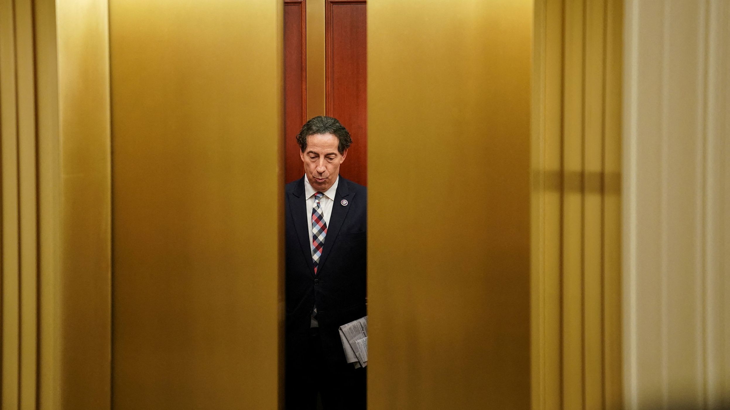 US Rep. Jamie Raskin, one of the committee members, rides in an elevator before the hearing on July 21.
