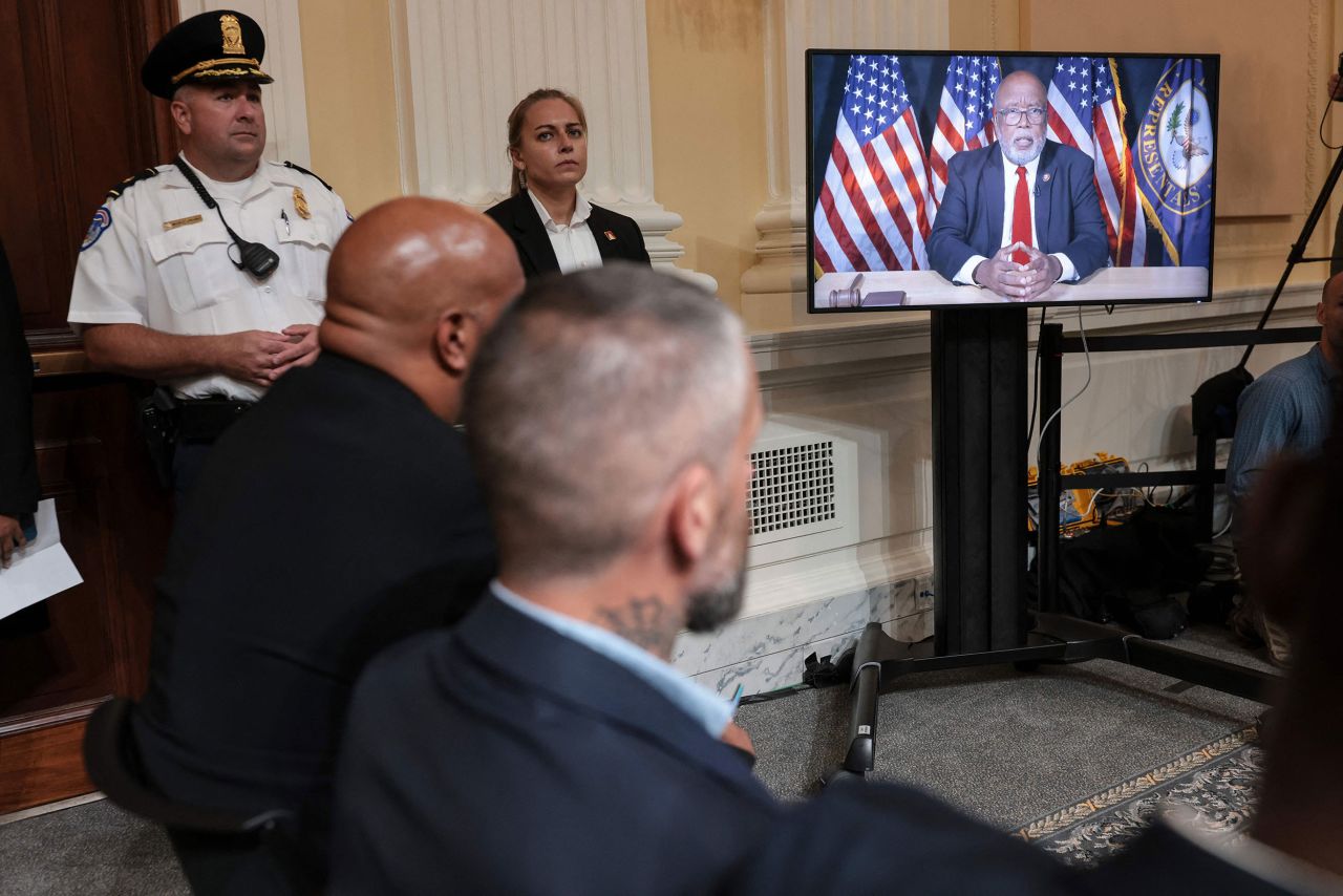 Thompson appears remotely as he delivers opening remarks at the July 21 hearing. He was not able to attend in person because he had Covid-19.