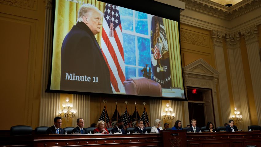 WASHINGTON, DC - JULY 21: The House Select Committee to Investigate the January 6th Attack on the U.S. Capitol hold a prime-time hearing in the Cannon House Office Building on July 21, 2022 in Washington, DC. The bipartisan committee, which has been gathering evidence on the January 6 attack at the U.S. Capitol, is presenting its findings in a series of televised hearings. On January 6, 2021, supporters of former President Donald Trump attacked the U.S. Capitol Building during an attempt to disrupt a congressional vote to confirm the electoral college win for President Joe Biden. (Photo by Tasos Katopodis/Getty Images)