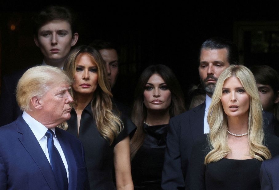 Trump is seen with former first lady Melania Trump and several other family members as they attend <a href="https://www.cnn.com/2022/07/20/politics/ivana-trump-funeral/index.html" target="_blank">the funeral of his first wife, Ivana,</a> in New York in July 2022.
