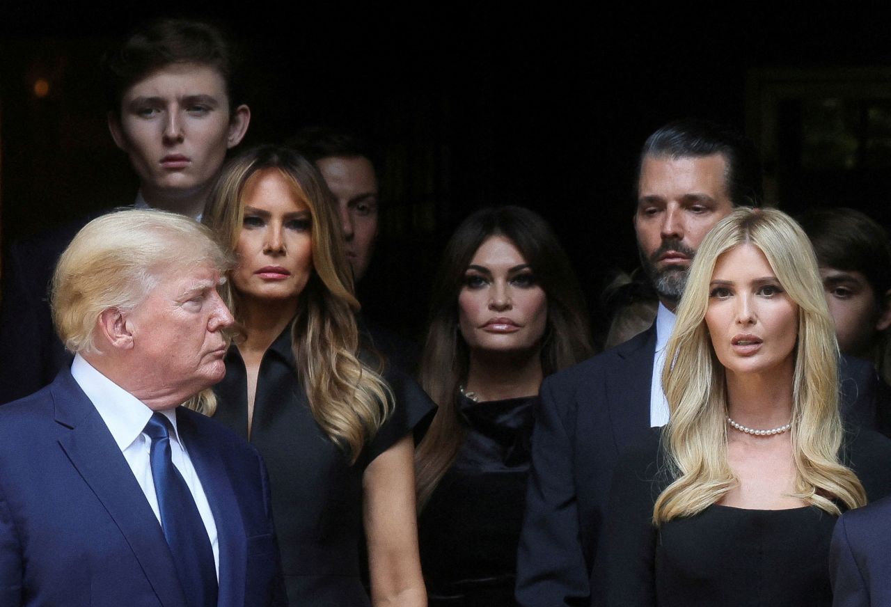 Trump is seen with his wife, Melania, and several other family members as they attend <a href="https://www.cnn.com/2022/07/20/politics/ivana-trump-funeral/index.html" target="_blank">the funeral of his first wife, Ivana,</a> in New York in July 2022.