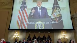 A never before seen video of former U.S. President Donald Trump rehearsing a speech, where he refused to admit a day after the Jan. 6 assault on the U.S. Capitol that the 2020 election was over and that he had lost, is played on a screen during a public hearing of the U.S. House Select Committee to investigate the January 6 Attack on the U.S. Capitol, on Capitol Hill, in Washington, U.S., July 21, 2022. REUTERS/Evelyn Hockstein      TPX IMAGES OF THE DAY