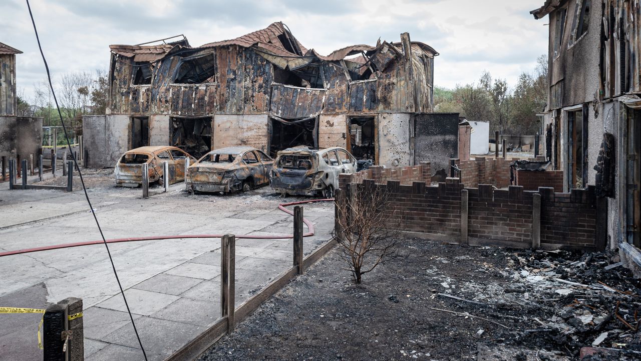 The aftermath of a fire fueled by record-breaking temperatures in Dagenham, east London.