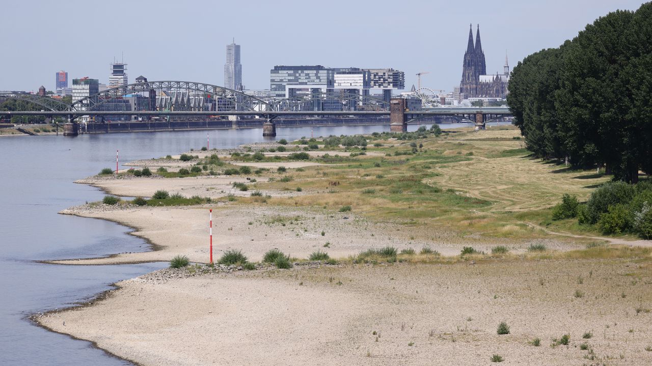 Banks and the low water in the river Rhine seen during a heat wave on July 18, 2022 in Cologne, Germany.
