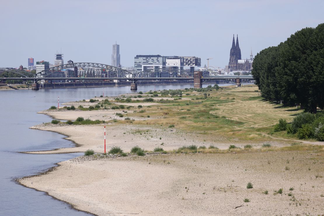 Banks and the low water in the river Rhine seen during a heat wave on July 18, 2022 in Cologne, Germany.