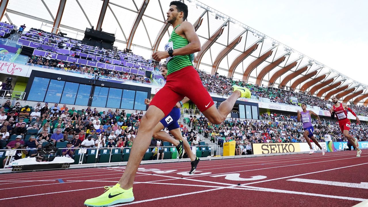 Algeria's Djamel Sedjati crosses the line to win the men's 800 meters semifinal during the World Athletics Championships in Oregon on July 21.  