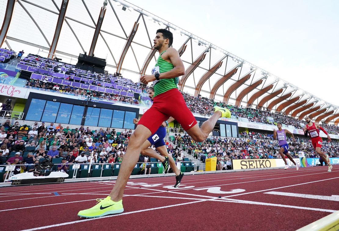 Algeria's Djamel Sedjati crosses the line to win the men's 800 meters semifinal during the World Athletics Championships in Oregon on July 21.  