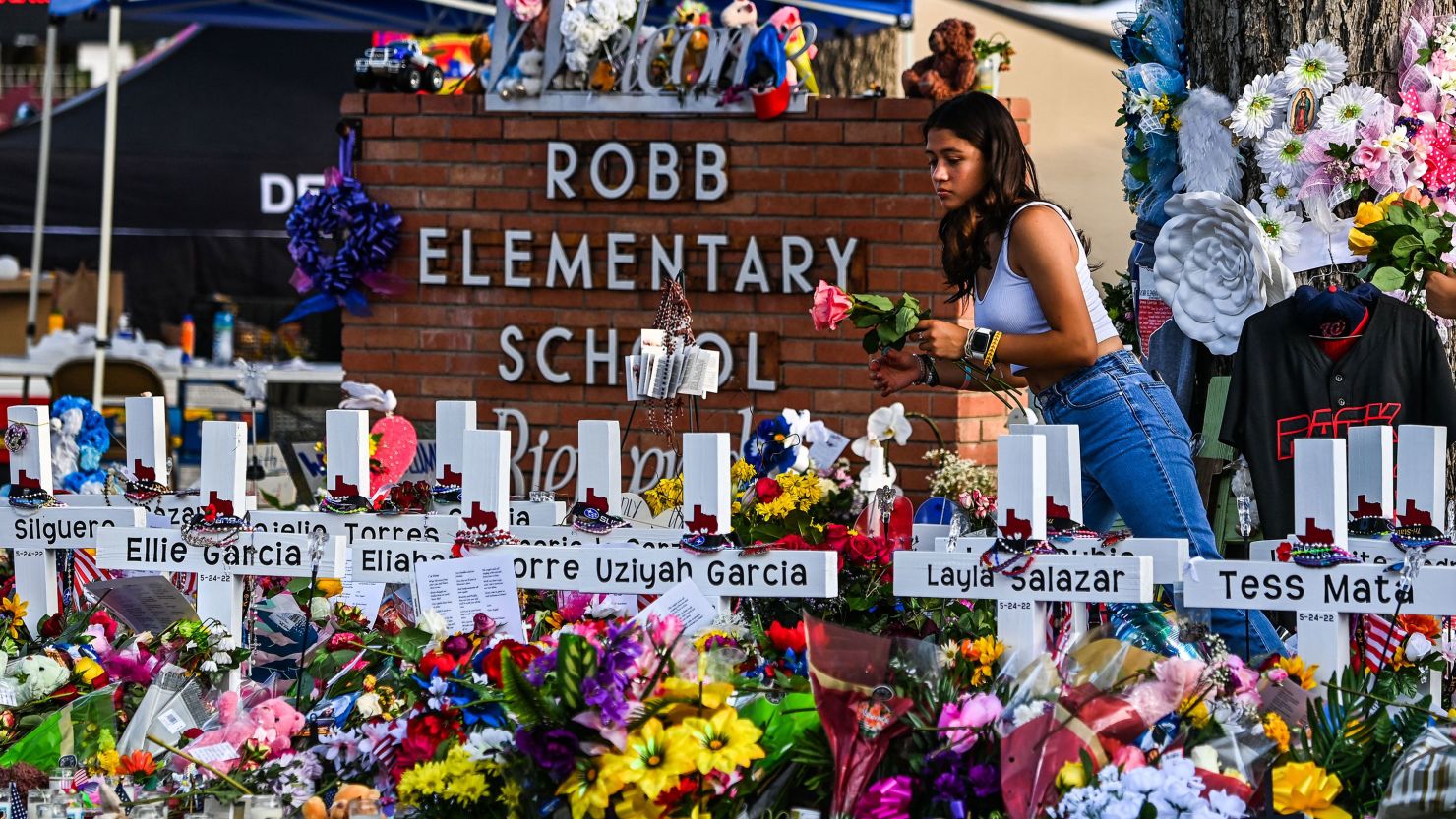 The makeshift memorial at Robb Elementary School in Uvalde, Texas.
