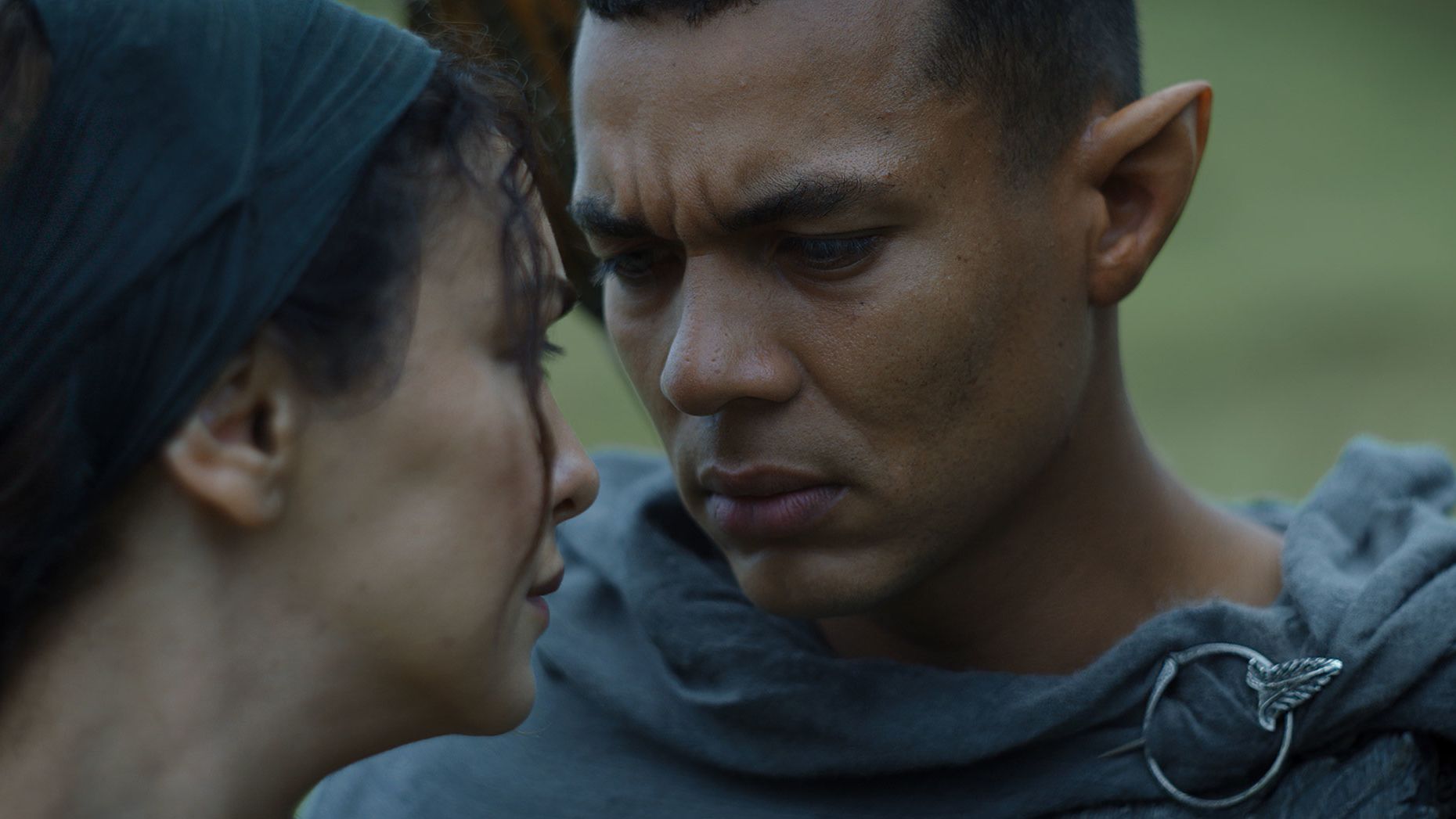 Arondir the Silvan Elf (Ismael Cruz Cordova) shares a tender moment with Bronwyn (Nazanin Boniadi). The two characters were created for the series.