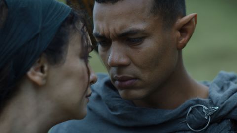 Arondir the Silvan Elf (Ismael Cruz Cordova) shares a tender moment with Bronwyn (Nazanin Boniadi). The two characters were created for the series.