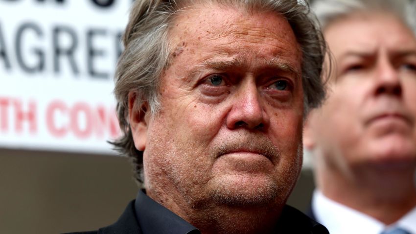 WASHINGTON, DC - JULY 21: Former White House Chief Strategist Steve Bannon speaks to reporters as he leaves the Federal District Court House at the end of the fourth day of his trial for contempt of Congress on July 21, 2022 in Washington, DC. The government rested its case against Bannon, who did not testify or call witnesses in his own trial. (Photo by Anna Moneymaker/Getty Images)