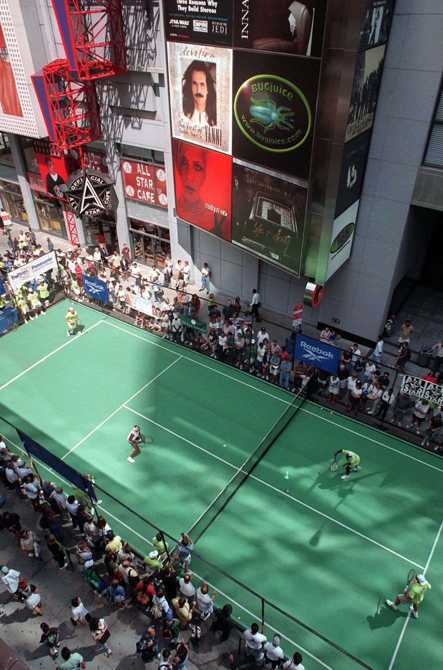 The Williams sisters and the Jensen brothers, Luke and Murphy, play an exhibition in New York's Times Square in 1997. It was part of the lead-up to the US Open.