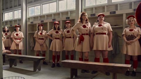 Members of the Rockford Peaches, a World War II-era All-American pro women's baseball team, are shown in a scene from the TV series remake of  "A League of Their Own."
