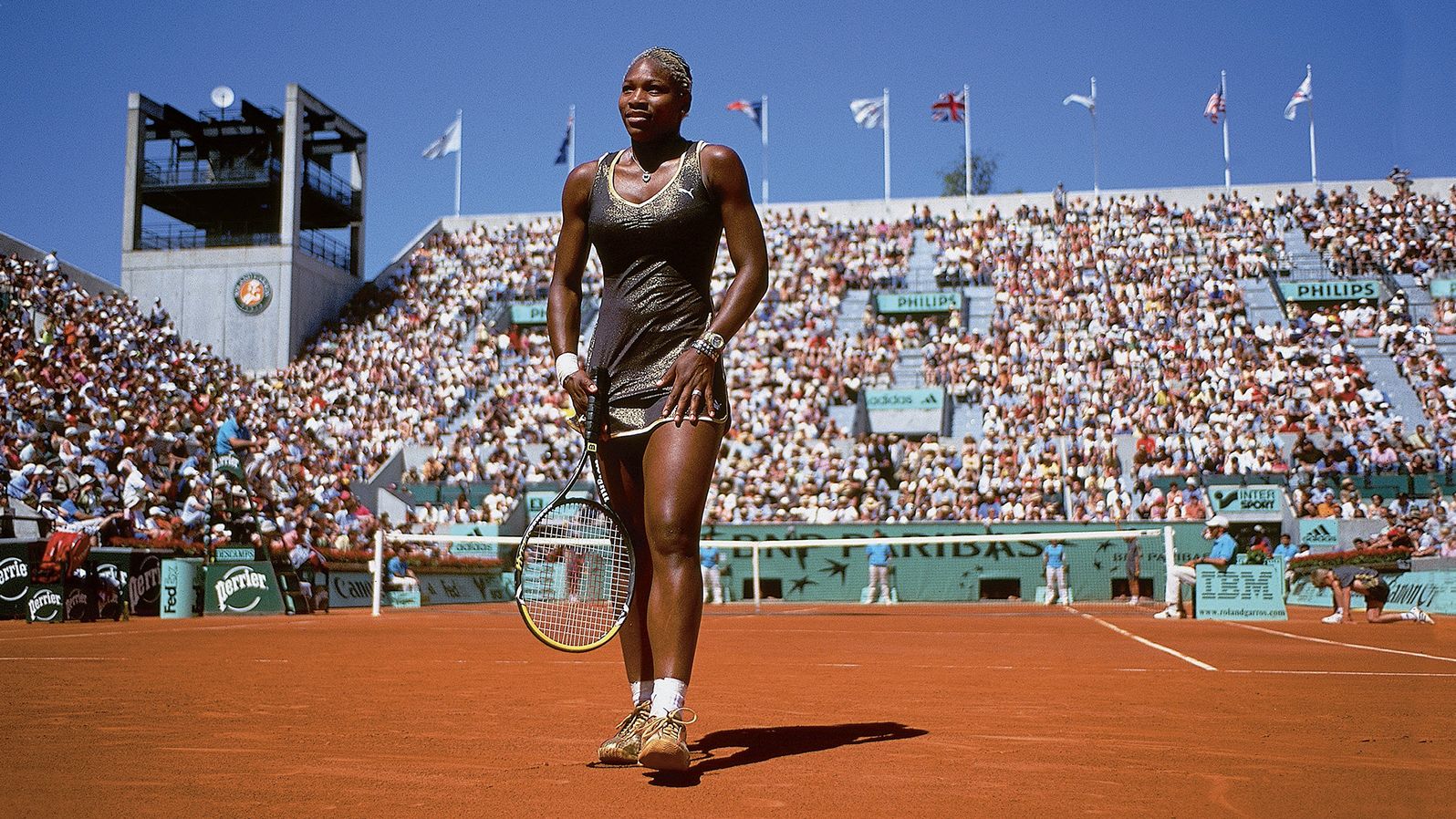 Serena plays against Janette Husarova at the French Open in 2002. Serena would go on to win the tournament for her second grand slam singles title, and she followed it up with three straight titles at Wimbledon, the US Open and then the Australian Open in 2003. It became known as the "Serena Slam."