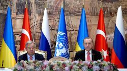 United Nations (UN) Secretary-General Antonio Guterres (L) and Turkish President Recep Tayyip Erdogan (R) sit at the start of the signature ceremony of an initiative on the safe transportation of grain and foodstuffs from Ukrainian ports, in Istanbul, on July 22, 2022. - As a first major agreement between the warring parties since the invasion, Ukraine and Russia are expected to sign a deal in Istanbul today to free