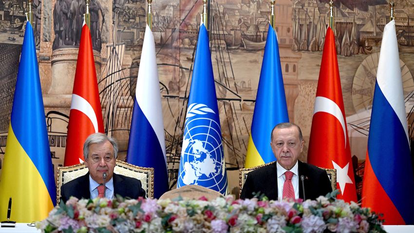 United Nations (UN) Secretary-General Antonio Guterres (L) and Turkish President Recep Tayyip Erdogan (R) sit at the start of the signature ceremony of an initiative on the safe transportation of grain and foodstuffs from Ukrainian ports, in Istanbul, on July 22, 2022. - As a first major agreement between the warring parties since the invasion, Ukraine and Russia are expected to sign a deal in Istanbul today to free up the export of grain from Ukrainian ports. The deal has been brokered by the UN and Turkey. (Photo by OZAN KOSE / AFP) (Photo by OZAN KOSE/AFP via Getty Images)