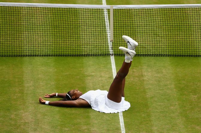 Williams celebrates her Wimbledon title in 2016. It was her seventh win at Wimbledon, and her <a href="index.php?page=&url=https%3A%2F%2Fwww.cnn.com%2F2016%2F07%2F09%2Ftennis%2Fwimbledon-serena-williams-angelique-kerber-tennis%2F" target="_blank">22nd grand slam title.</a> That tied her with Steffi Graf for the most singles titles in the Open era of professional tennis.