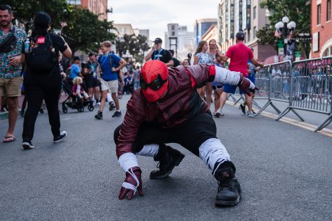 Nicholas Prior, dressed as the Last Stand Spider-Man, poses for a photo near the San Diego Convention Center on July 21.