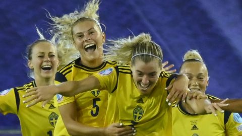 Sembrant celebrates her winning goal against Belgium.