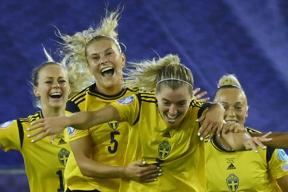 Sembrant celebrates her winning goal against Belgium.