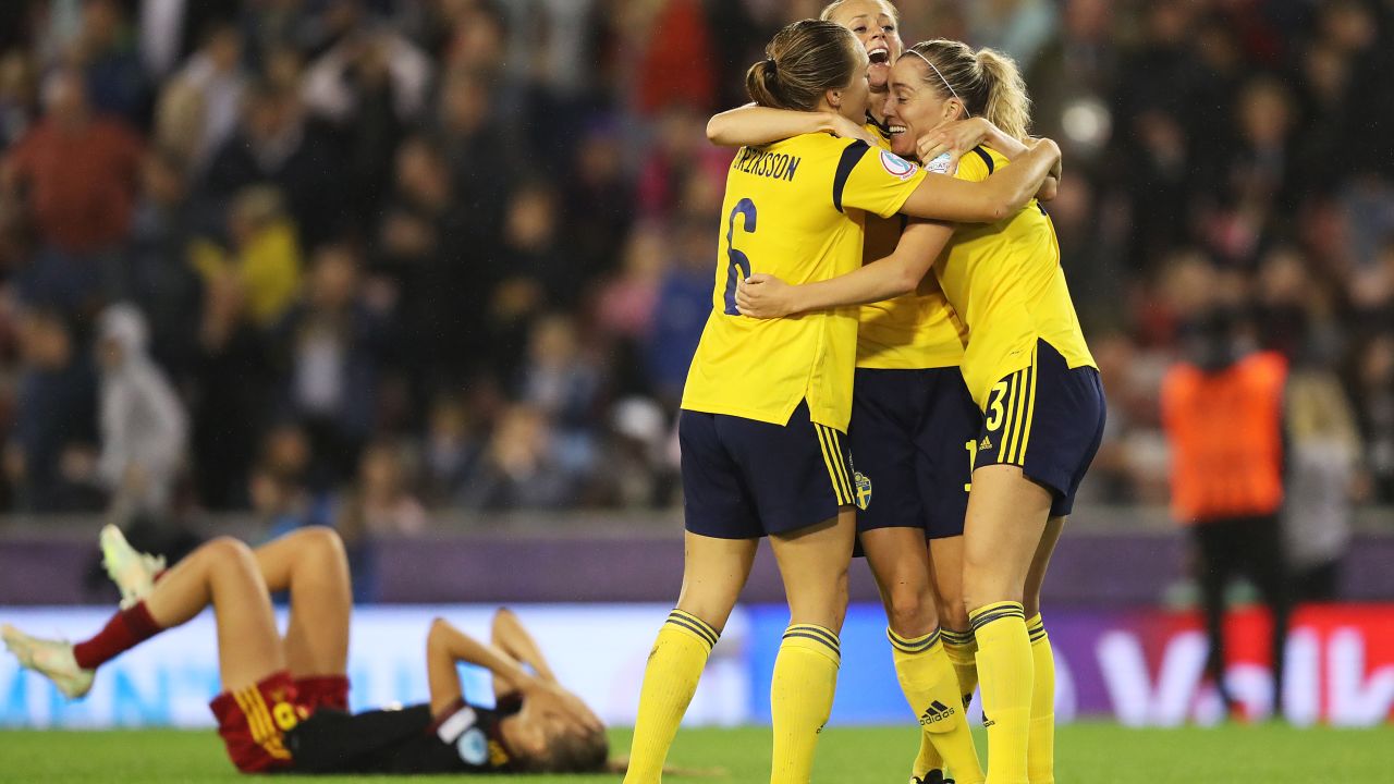 Sweden's Linda Sembrant celebrates with teammates after scoring against Belgium to seal her team's spot in the Women's Euro 2022 semifinals.