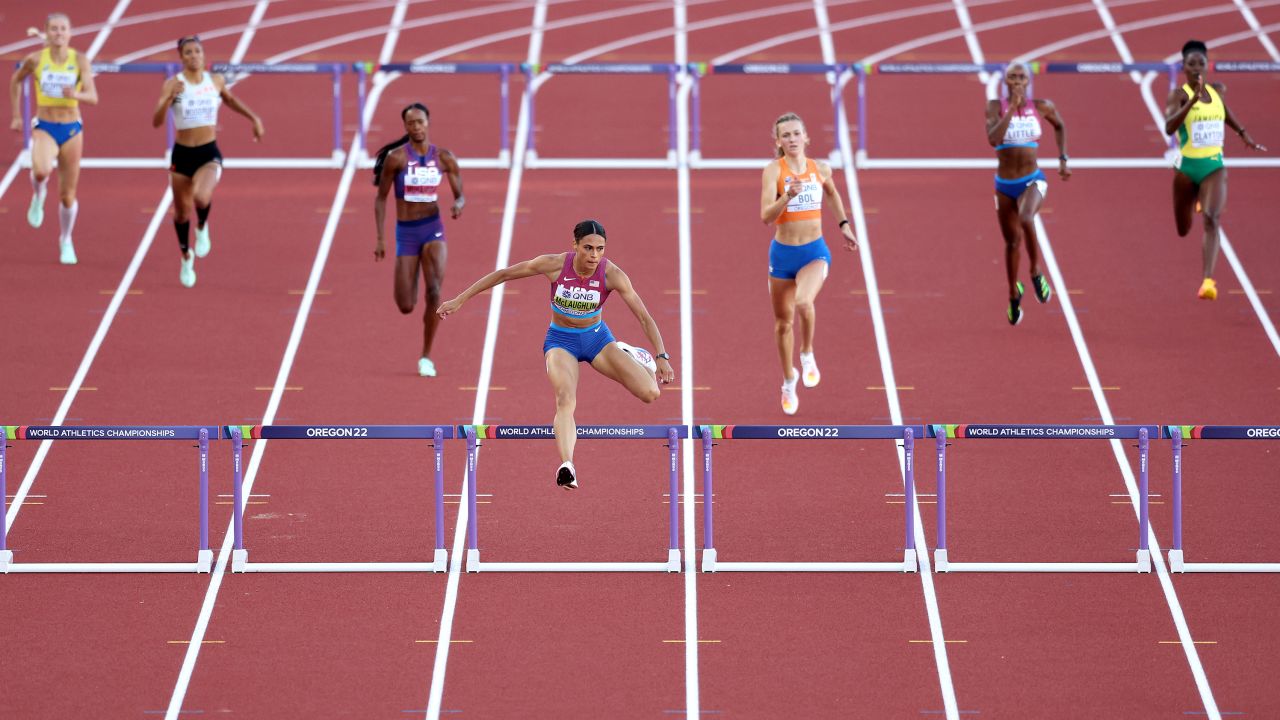 Sydney McLaughlin shattered her own 400m hurdles world record to claim gold at the World Athletics Championships at Hayward Field on July 22, 2022.