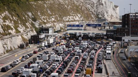 Vehicles queue at the Port of Dover on July 22.