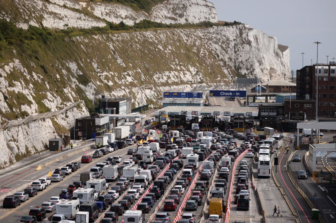 Vehicles queue at the Port of Dover on July 22.