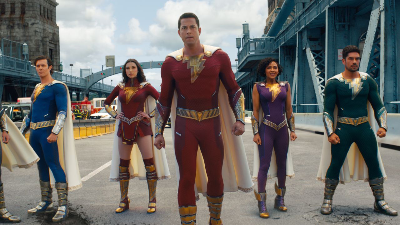 Zachary Levi (center) and his super-powered friends in "Shazam! Fury of the Gods."