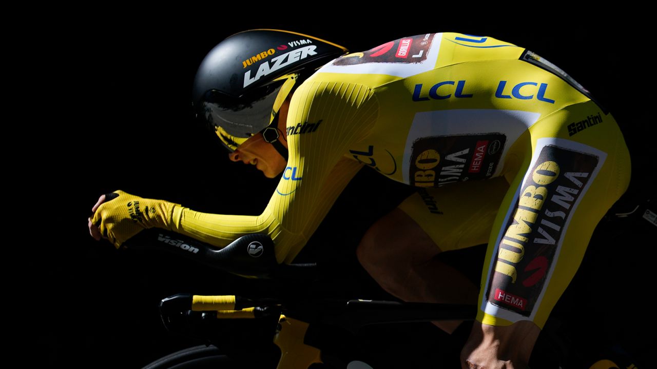 Denmark's Jonas Vingegaard, wearing the overall leader's yellow jersey, competes during the 20th stage of the Tour de France cycling race.