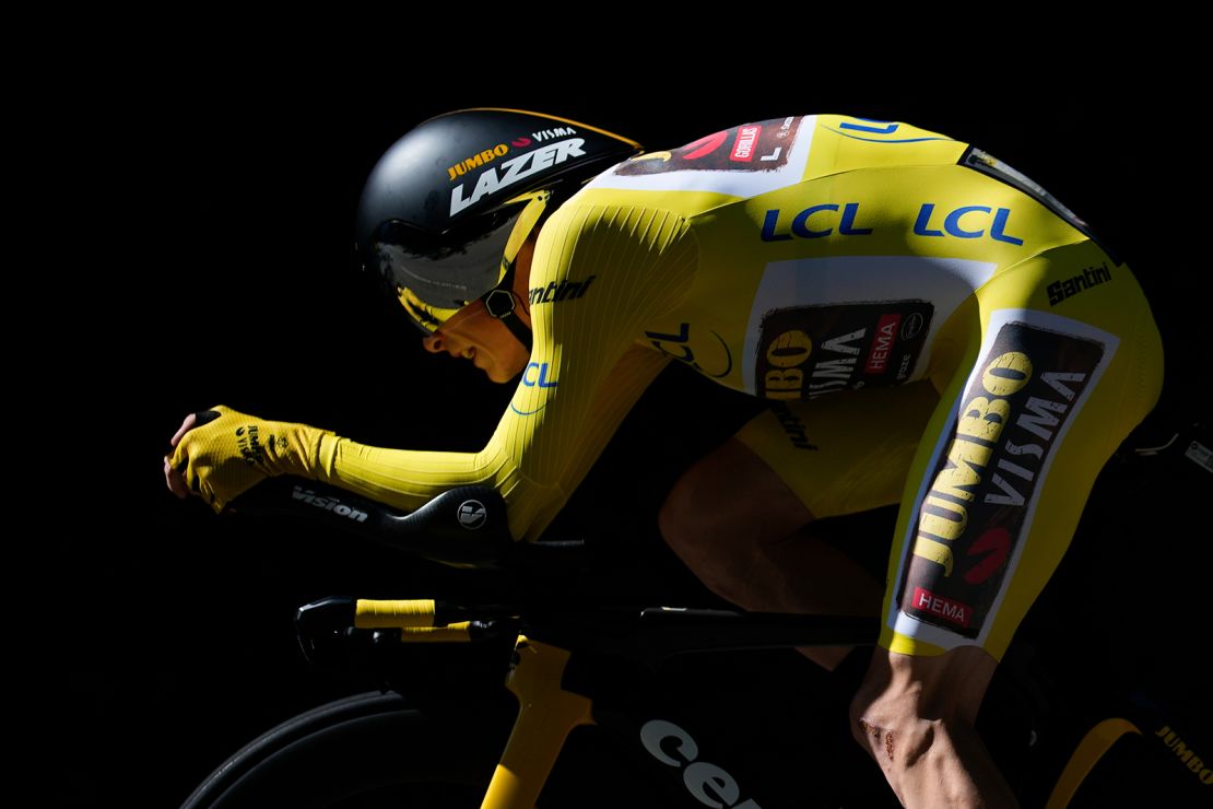 Denmark's Jonas Vingegaard, wearing the overall leader's yellow jersey, competes during the 20th stage of the Tour de France cycling race.
