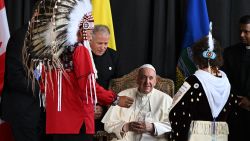 Pope Francis speaks with member of an indigenous tribe during his welcoming ceremony at Edmonton International Airport in Alberta Providence, Canada, on July 24, 2022. Pope Francis visits Canada for a chance to personally apologize to Indigenous survivors of abuse committed over a span of decades at residential schools run by the Catholic Church.